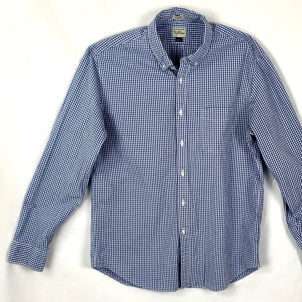 J Crew Mens Searsucker Shirt L Blue Gingham Checks Long Sleeves Button Up EUC